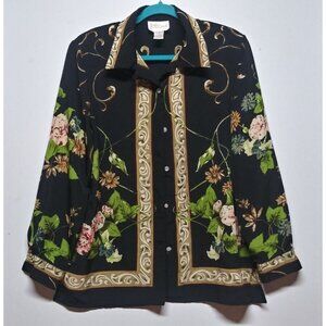 Womens top floral/scroll print Jordan Sz L black green collared long sleeve
